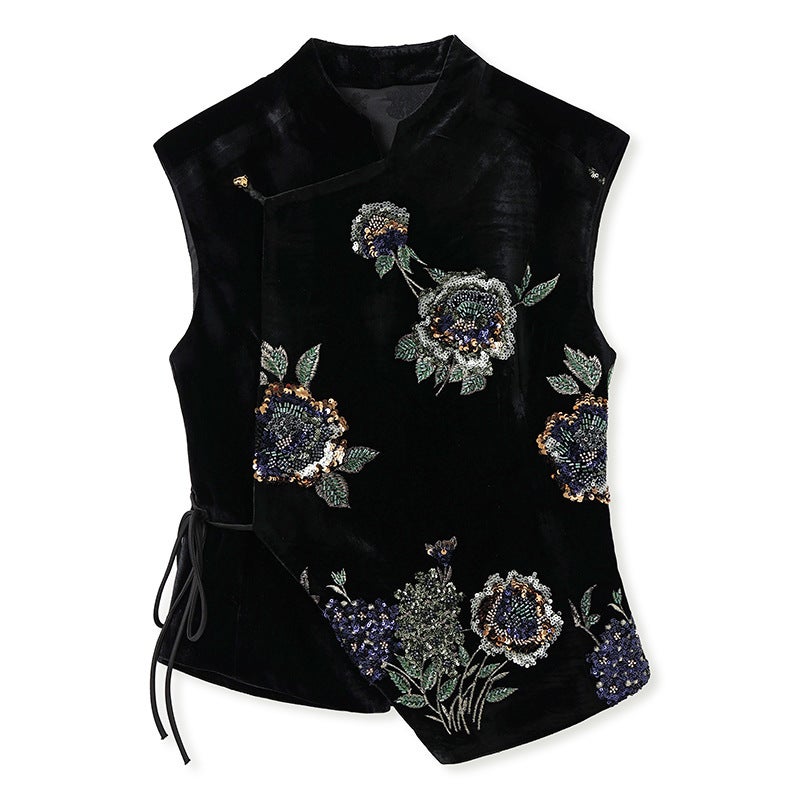 Yailla High-End Black Velvet Vest in Traditional Chinese Style Featuring Sequin Embroidery Perfect for Autumn and Exuding Elegance Niche Design Tang Coat Suit - Image 1